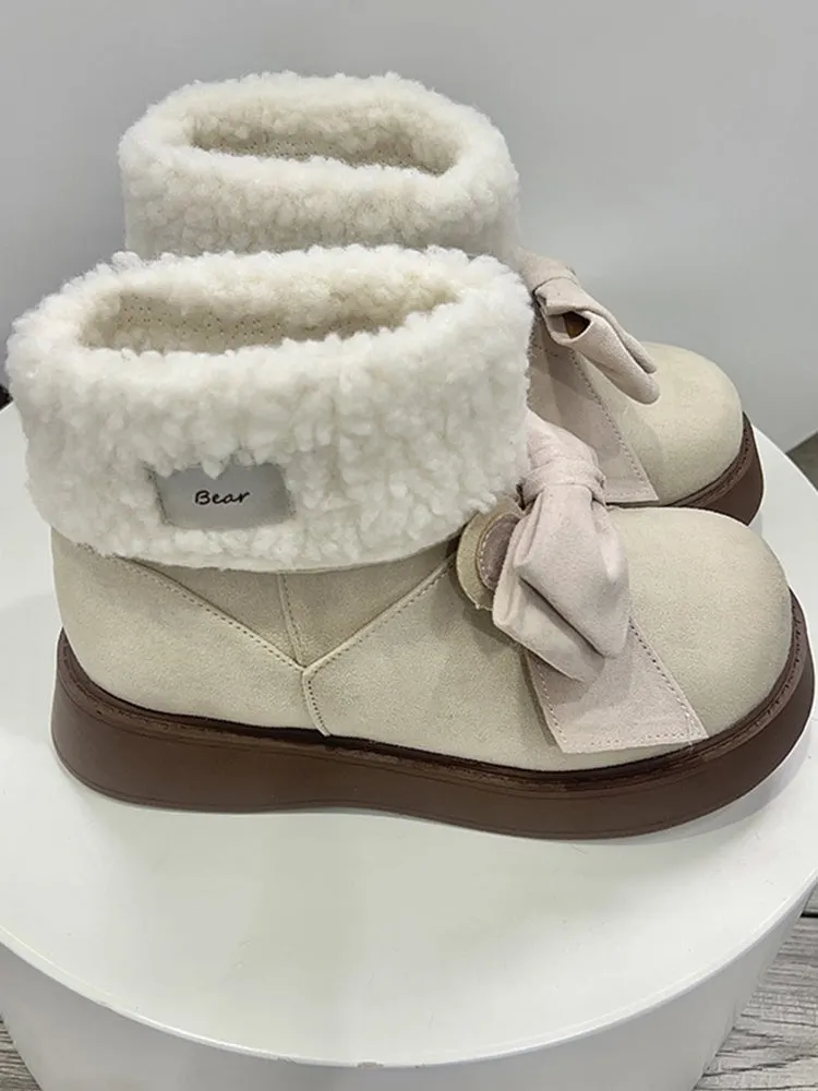 Beige Bunny Ear Bowknot Platform Winter Boots