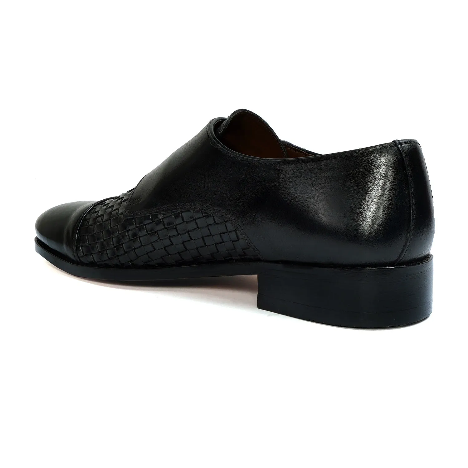 Black Double Monk Leather Shoe Woven Detailed Vamp to Quarter By Brune & Bareskin