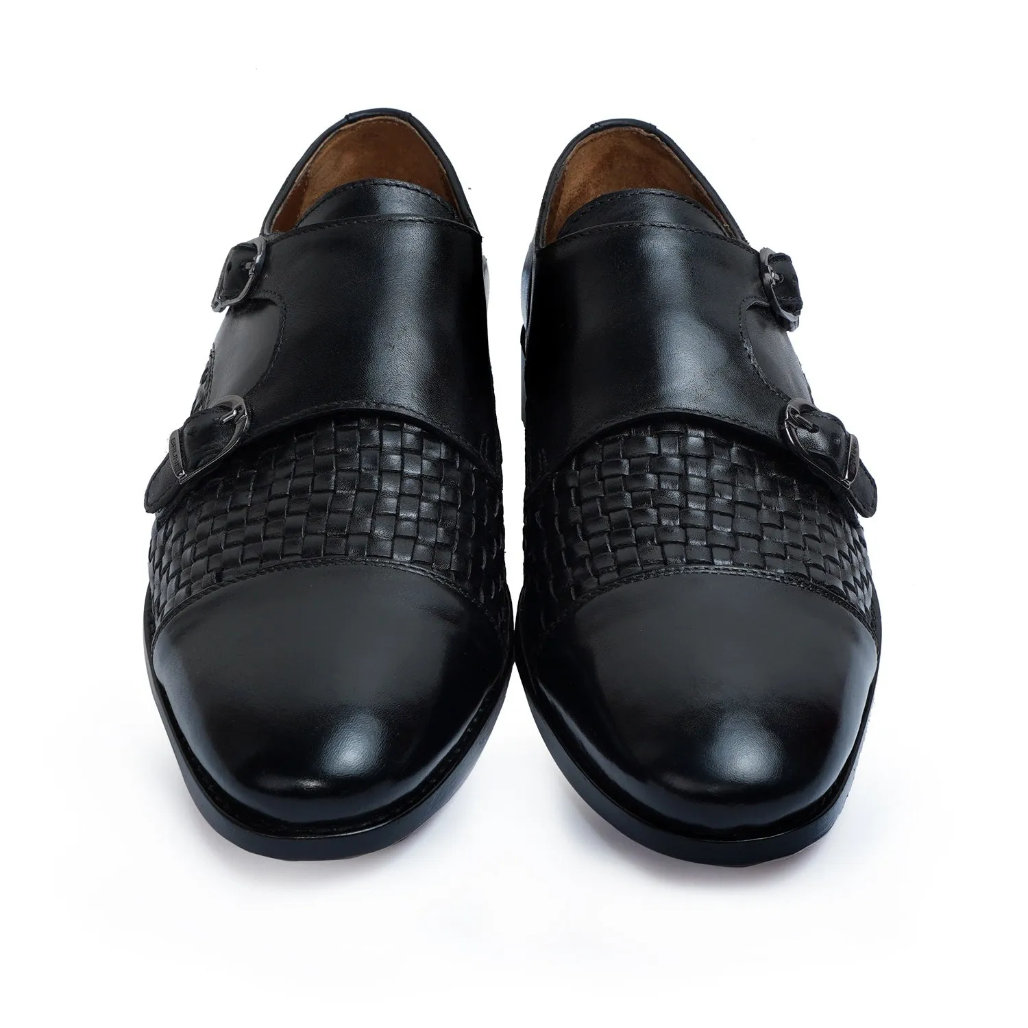 Black Double Monk Leather Shoe Woven Detailed Vamp to Quarter By Brune & Bareskin
