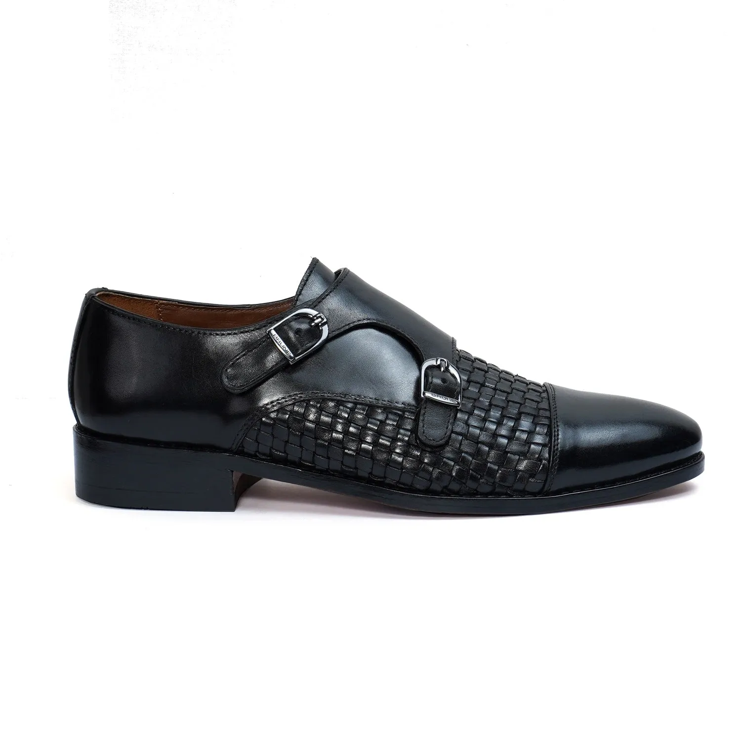 Black Double Monk Leather Shoe Woven Detailed Vamp to Quarter By Brune & Bareskin