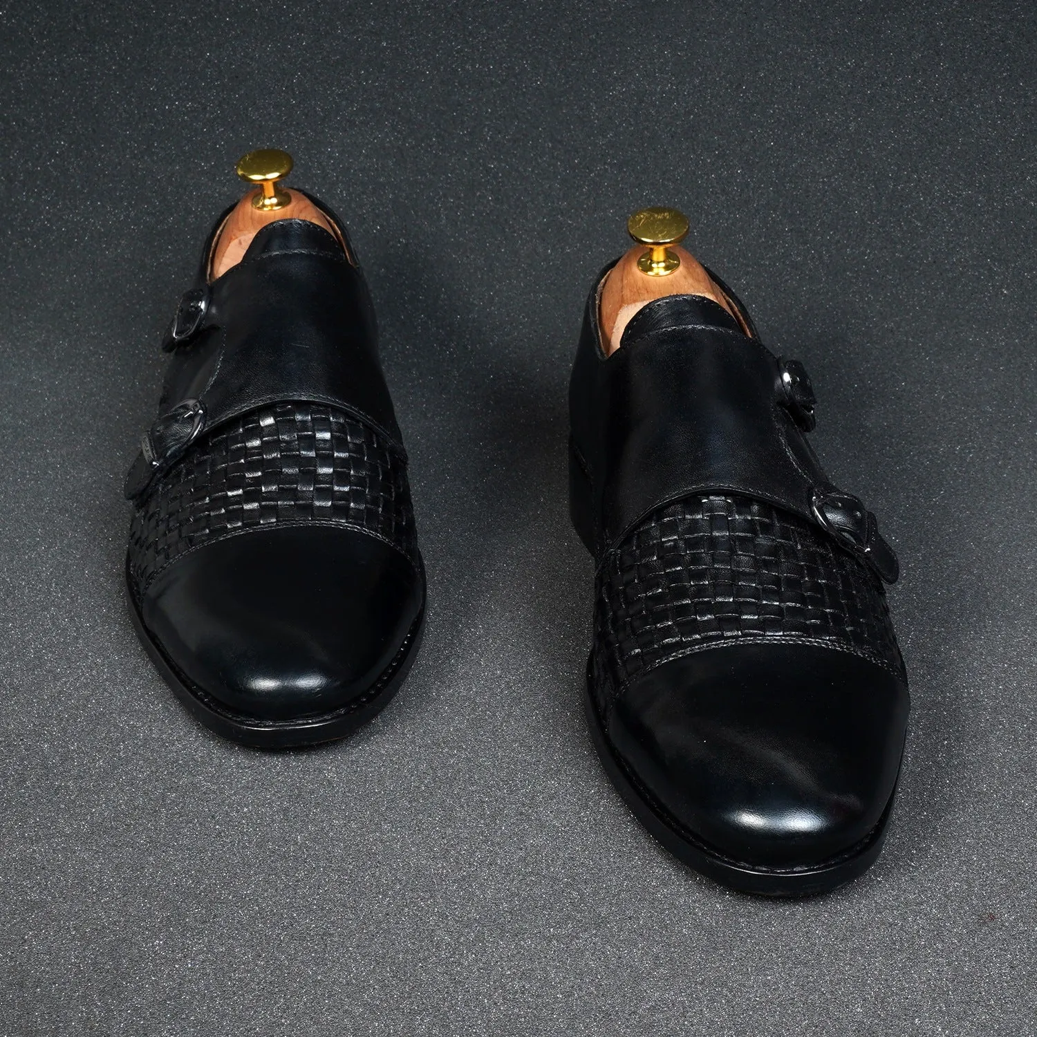Black Double Monk Leather Shoe Woven Detailed Vamp to Quarter By Brune & Bareskin