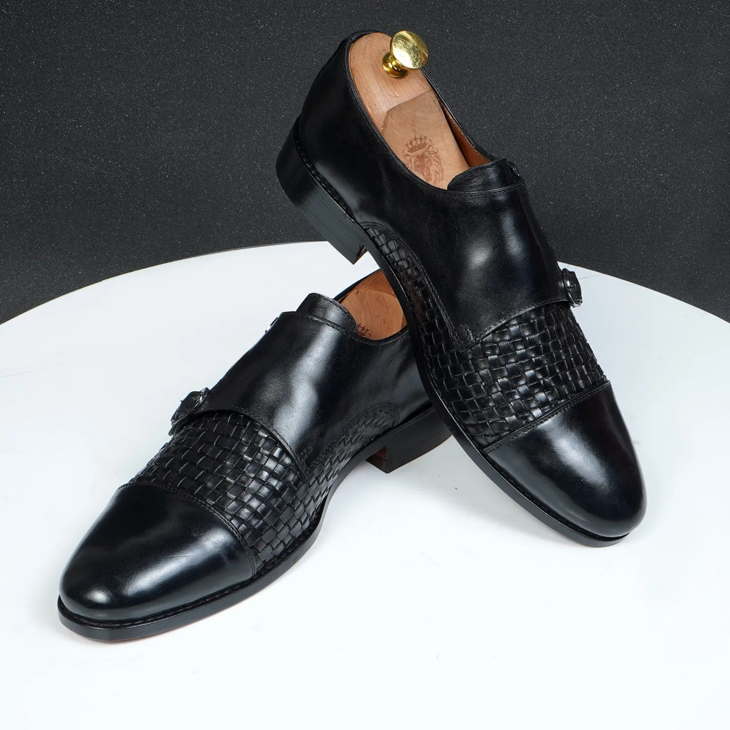 Black Double Monk Leather Shoe Woven Detailed Vamp to Quarter By Brune & Bareskin