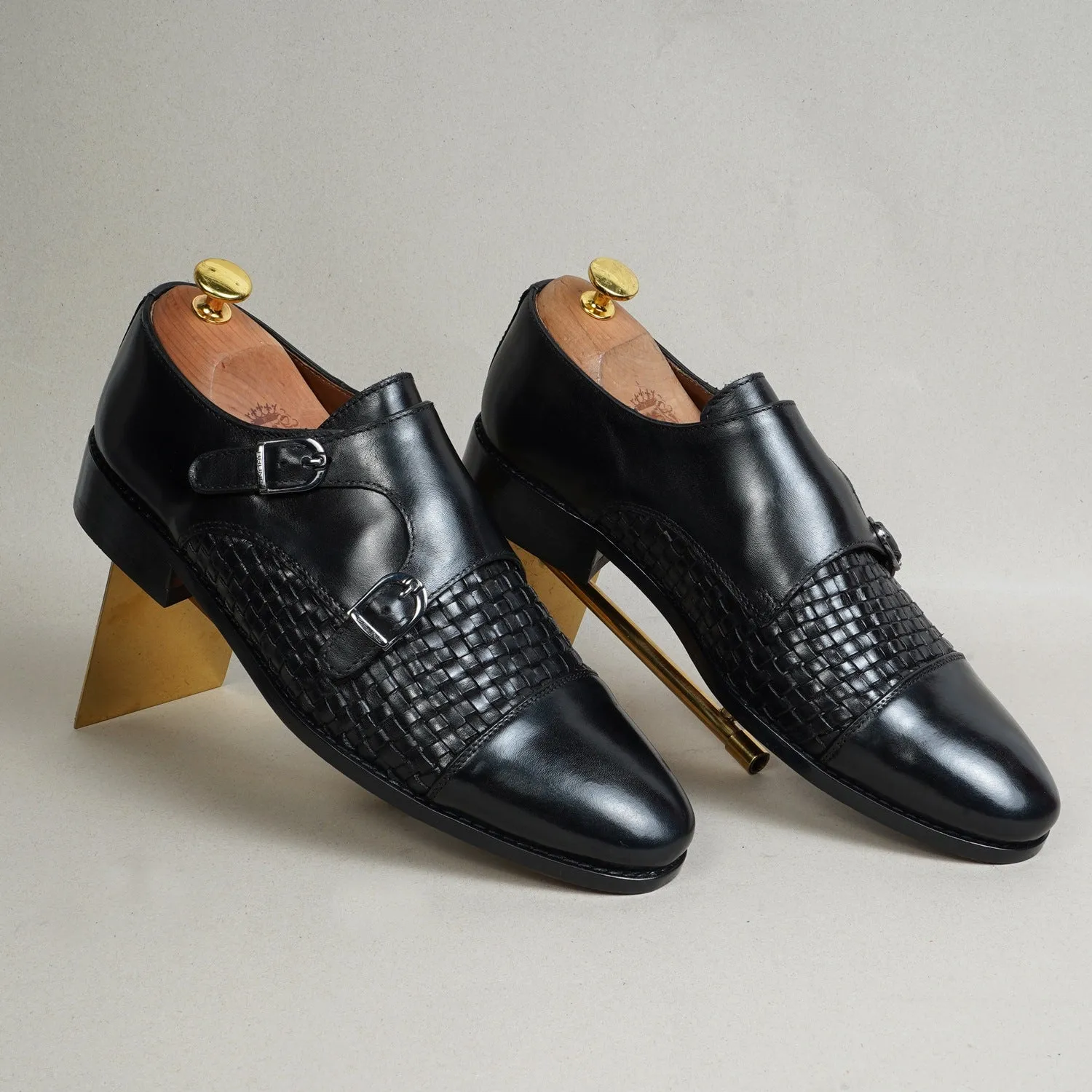 Black Double Monk Leather Shoe Woven Detailed Vamp to Quarter By Brune & Bareskin