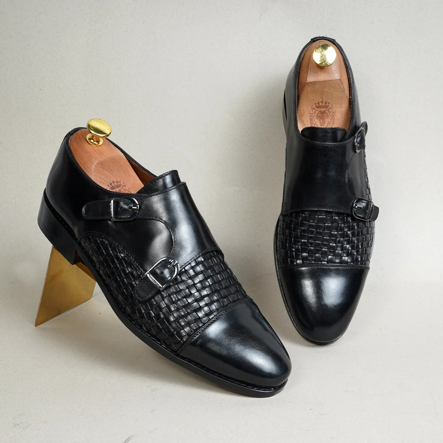Black Double Monk Leather Shoe Woven Detailed Vamp to Quarter By Brune & Bareskin