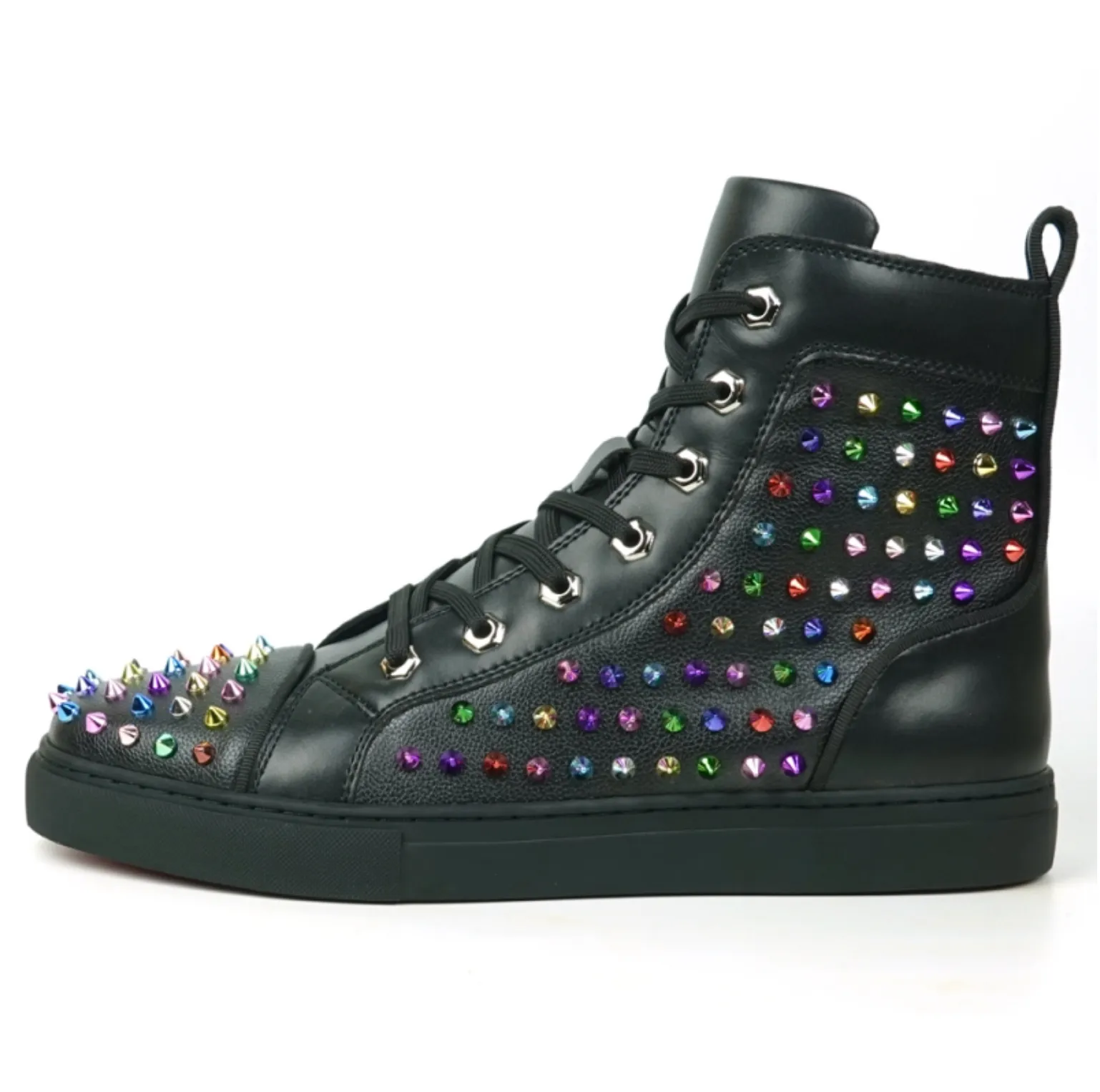 Black Leather Multi Color Spikes High Top Snekaer Encore by Fiesso
