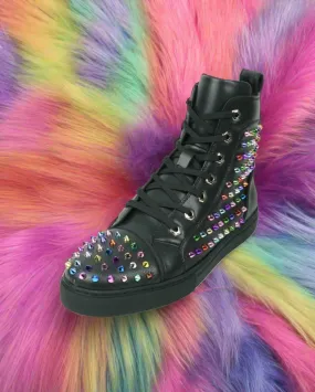 Black Leather Multi Color Spikes High Top Snekaer Encore by Fiesso