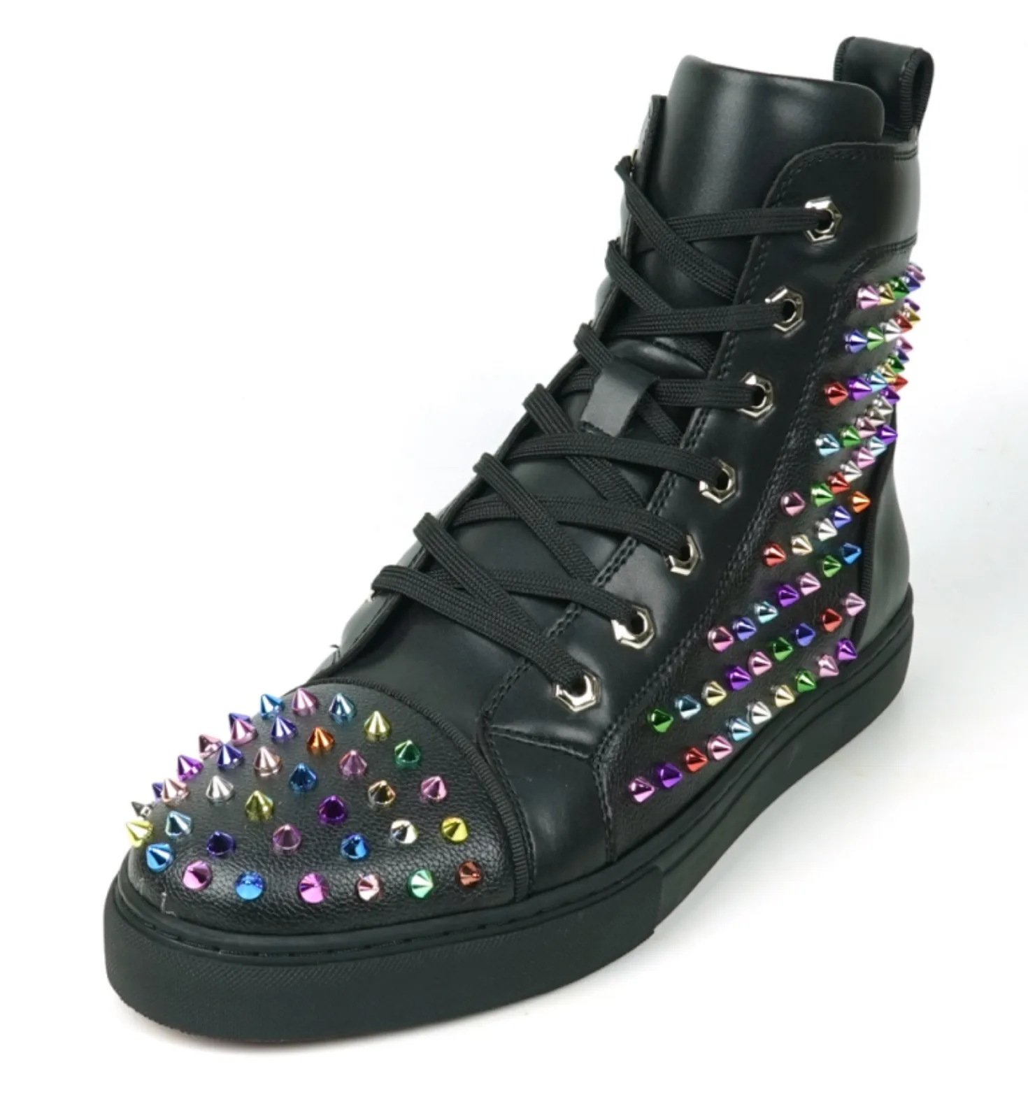 Black Leather Multi Color Spikes High Top Snekaer Encore by Fiesso