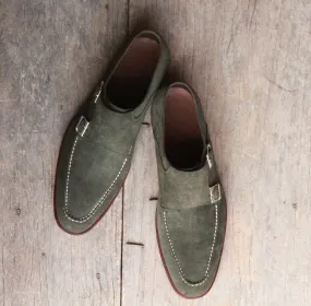 Handmade Men's Gray Suede Double Monk Strap Shoes, Men Designer Dress Formal Luxury Shoes