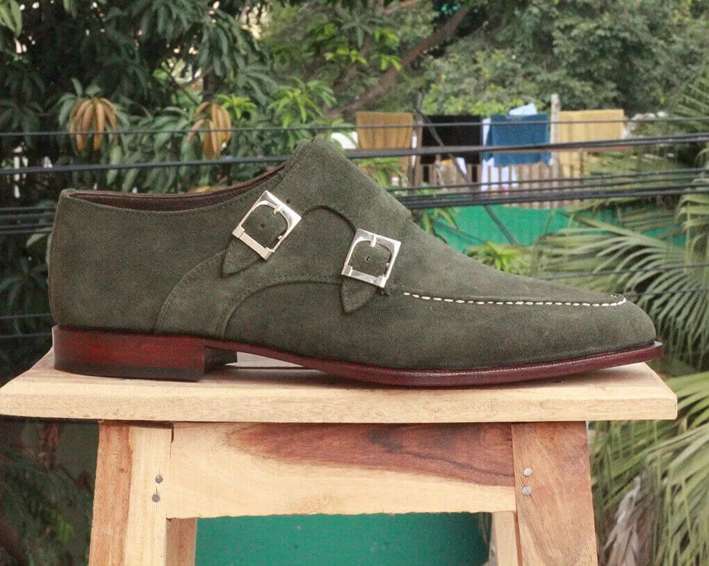 Handmade Men's Gray Suede Double Monk Strap Shoes, Men Designer Dress Formal Luxury Shoes