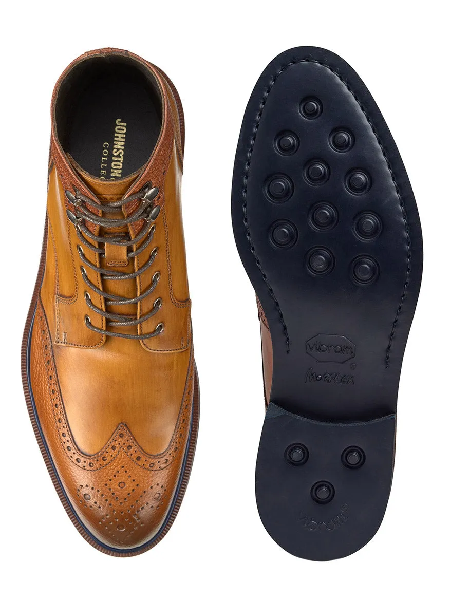 J & M Collection Hartley Wingtip Boot in Tan Hand-Stained Calfskin