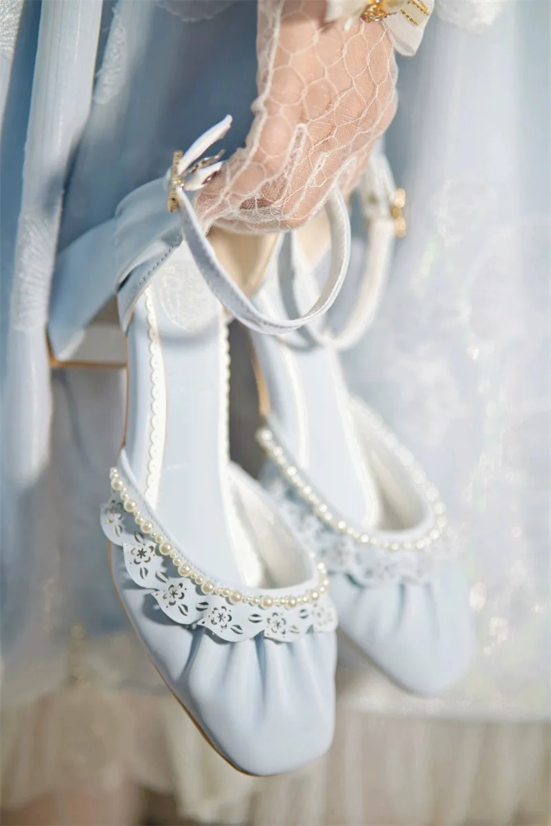 MR.Qiutian~Dance of Camellia~Elegant Lolita Chunky Shoes 5CM Heel Pearl Decoration