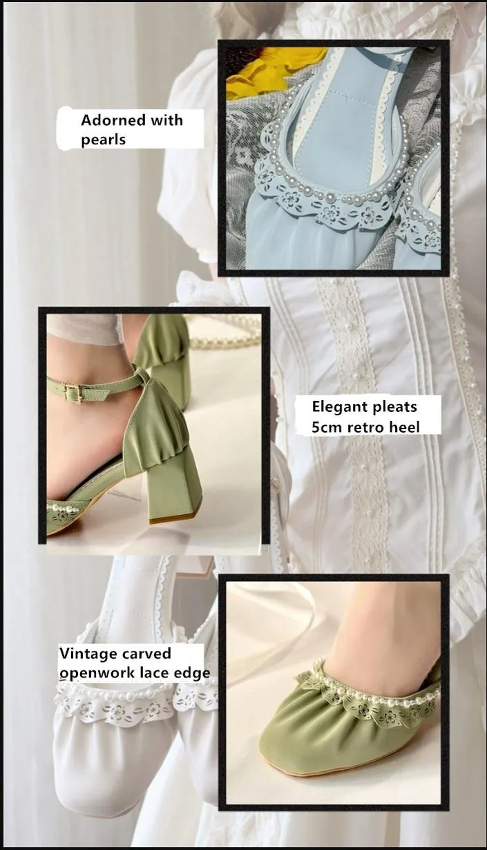 MR.Qiutian~Dance of Camellia~Elegant Lolita Chunky Shoes 5CM Heel Pearl Decoration