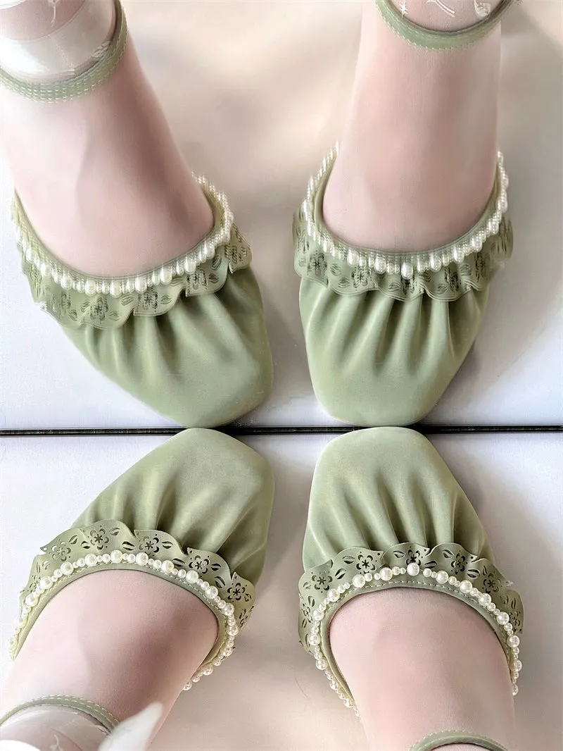 MR.Qiutian~Dance of Camellia~Elegant Lolita Chunky Shoes 5CM Heel Pearl Decoration