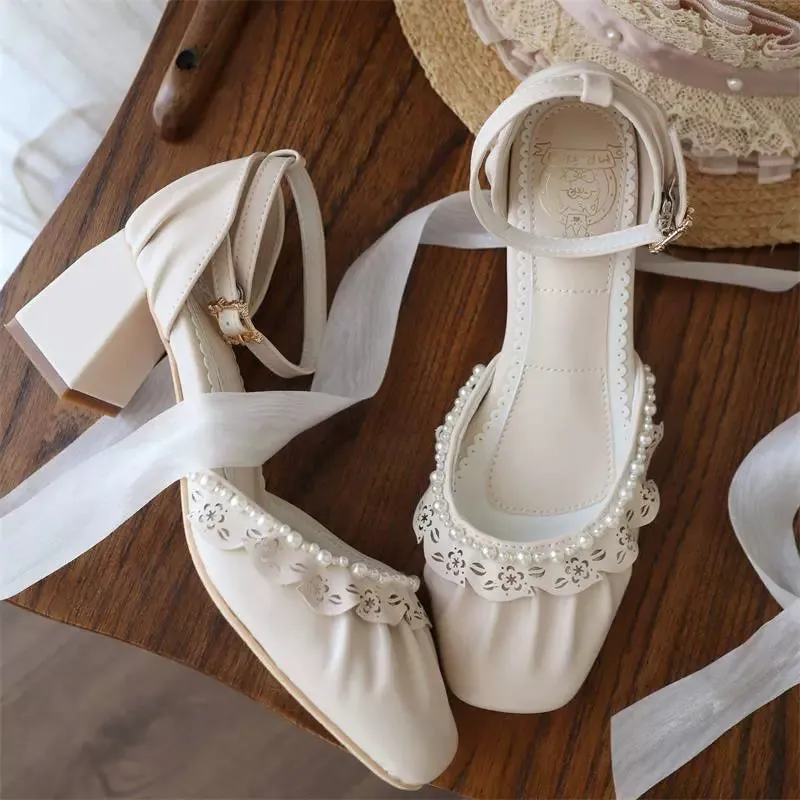 MR.Qiutian~Dance of Camellia~Elegant Lolita Chunky Shoes 5CM Heel Pearl Decoration