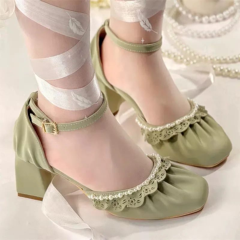 MR.Qiutian~Dance of Camellia~Elegant Lolita Chunky Shoes 5CM Heel Pearl Decoration