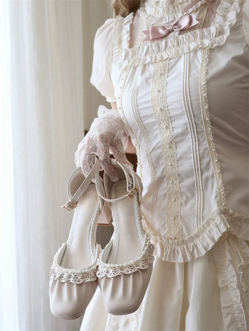 MR.Qiutian~Dance of Camellia~Elegant Lolita Chunky Shoes 5CM Heel Pearl Decoration