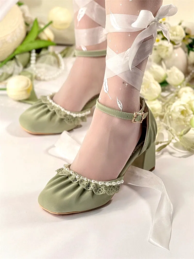 MR.Qiutian~Dance of Camellia~Elegant Lolita Chunky Shoes 5CM Heel Pearl Decoration
