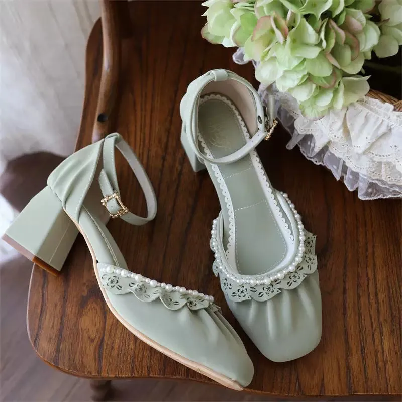 MR.Qiutian~Dance of Camellia~Elegant Lolita Chunky Shoes 5CM Heel Pearl Decoration