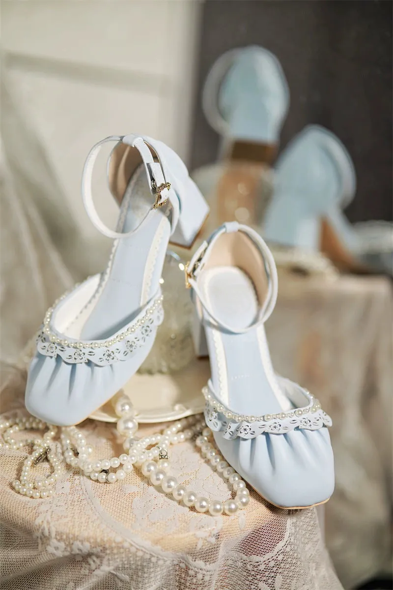 MR.Qiutian~Dance of Camellia~Elegant Lolita Chunky Shoes 5CM Heel Pearl Decoration