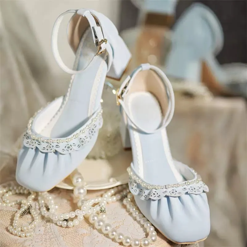 MR.Qiutian~Dance of Camellia~Elegant Lolita Chunky Shoes 5CM Heel Pearl Decoration