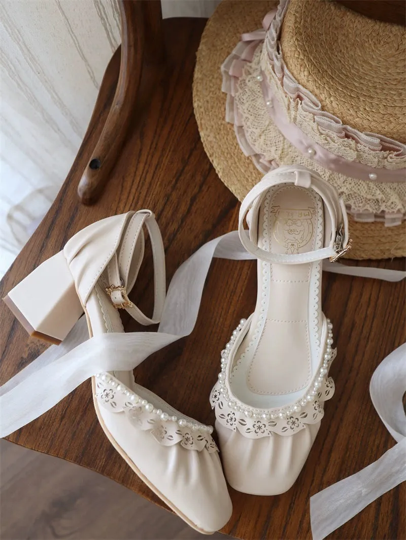 MR.Qiutian~Dance of Camellia~Elegant Lolita Chunky Shoes 5CM Heel Pearl Decoration