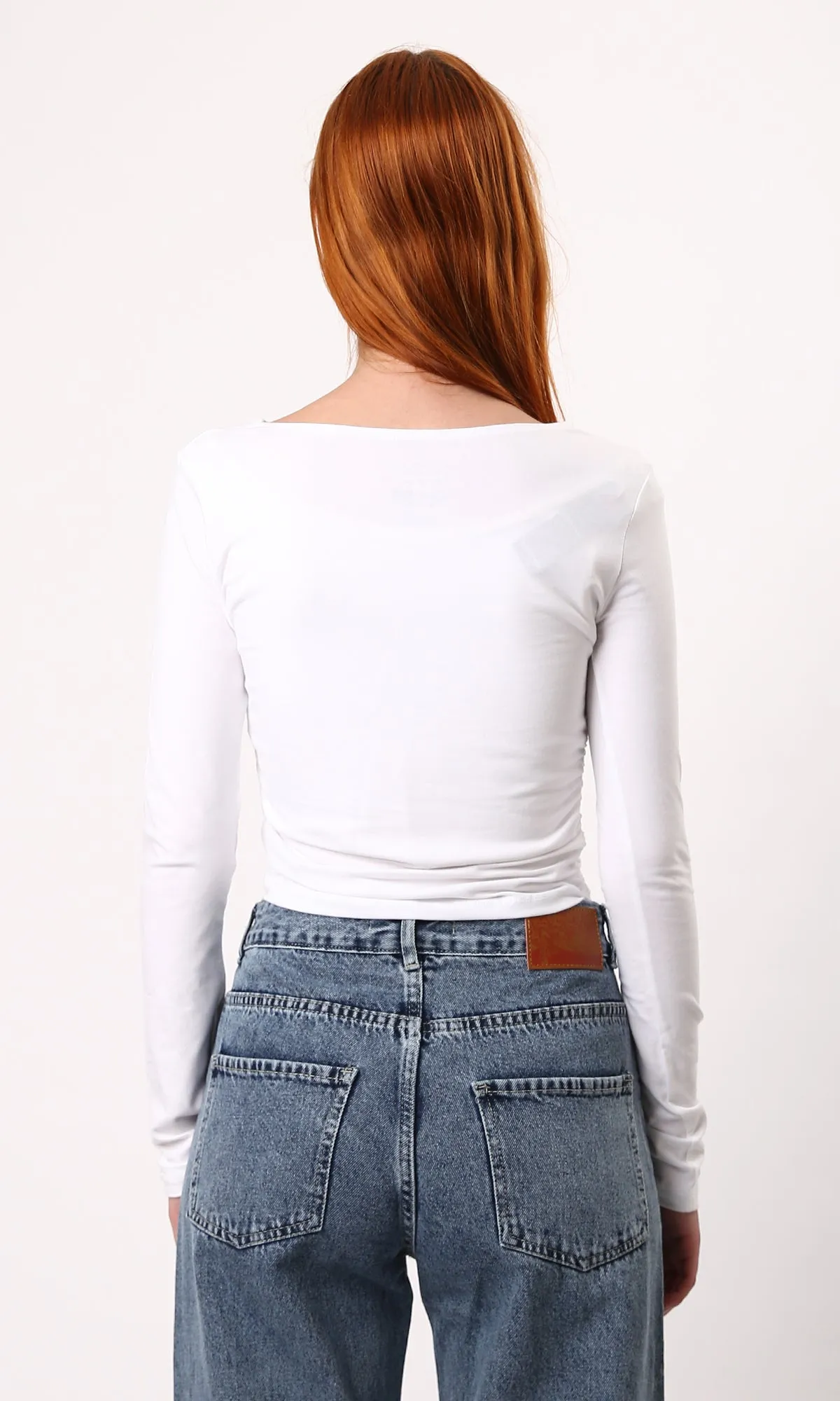 O187842 Printed Boat Neck White Feminine Short Top