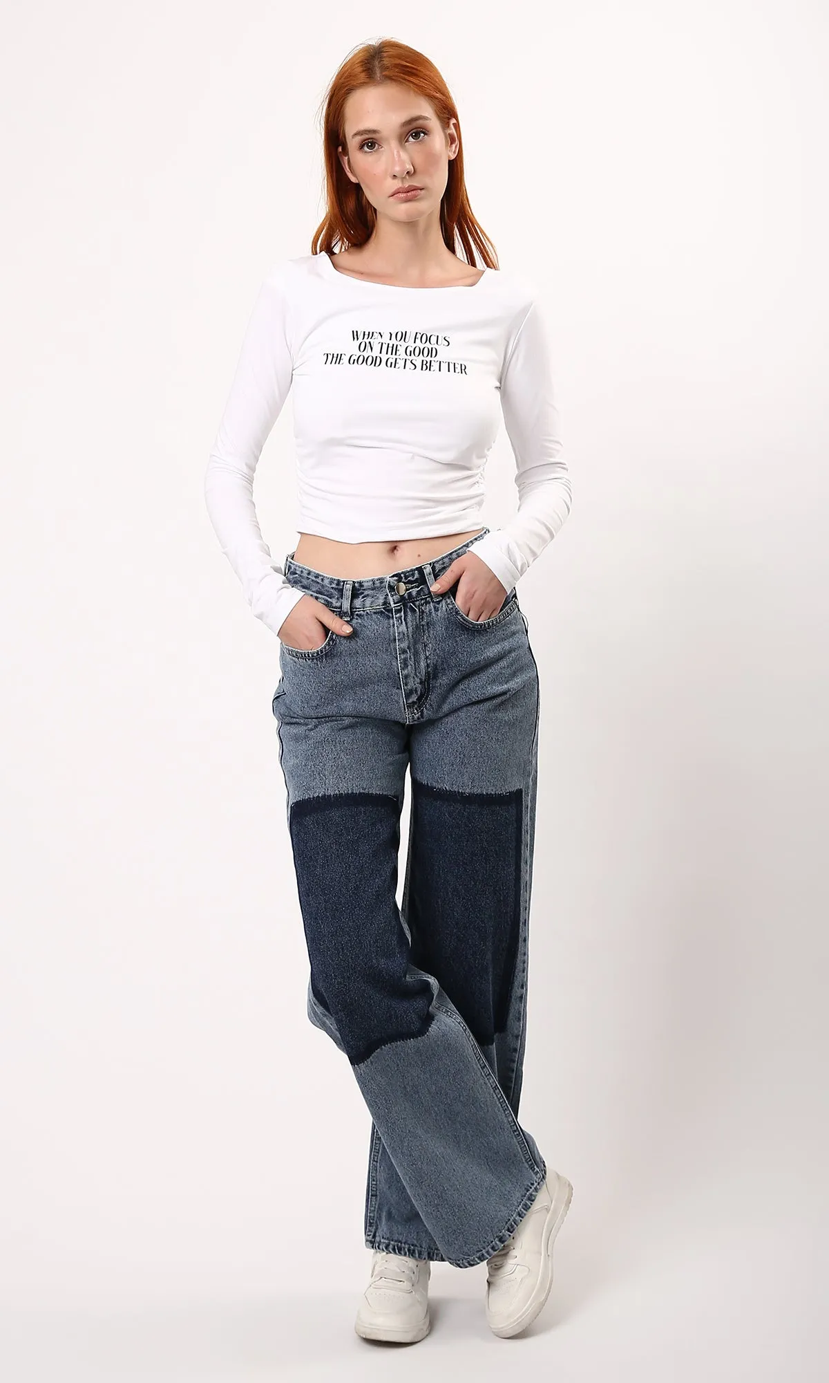 O187842 Printed Boat Neck White Feminine Short Top