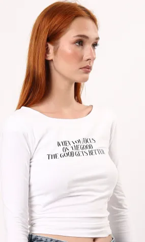 O187842 Printed Boat Neck White Feminine Short Top