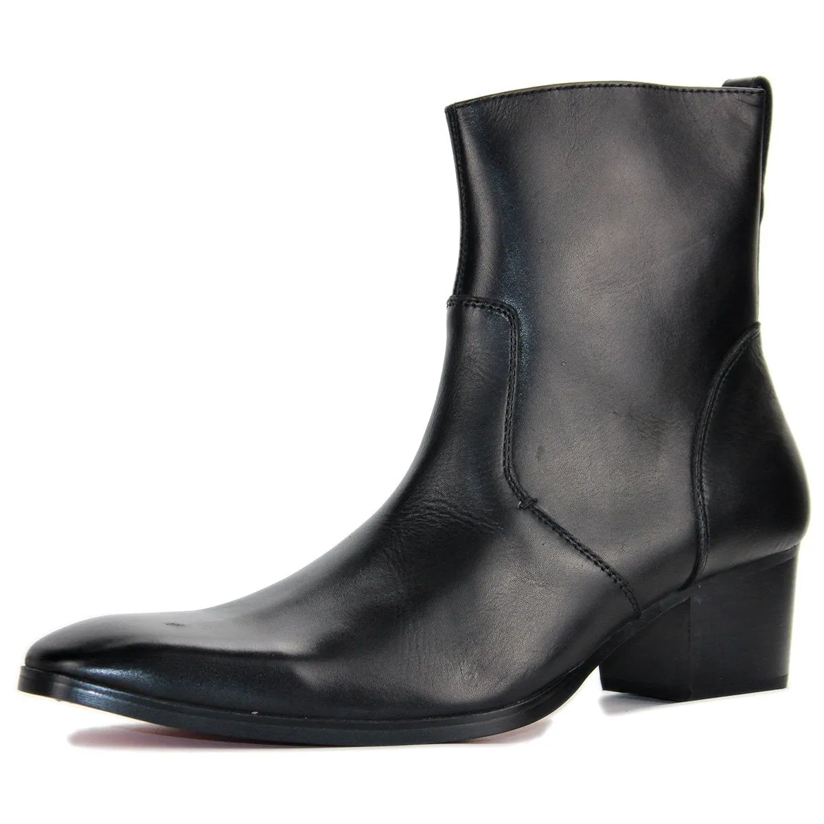 OSSTONE High Heel Pointed Chelsea  Leather Boots JY002-BLACK
