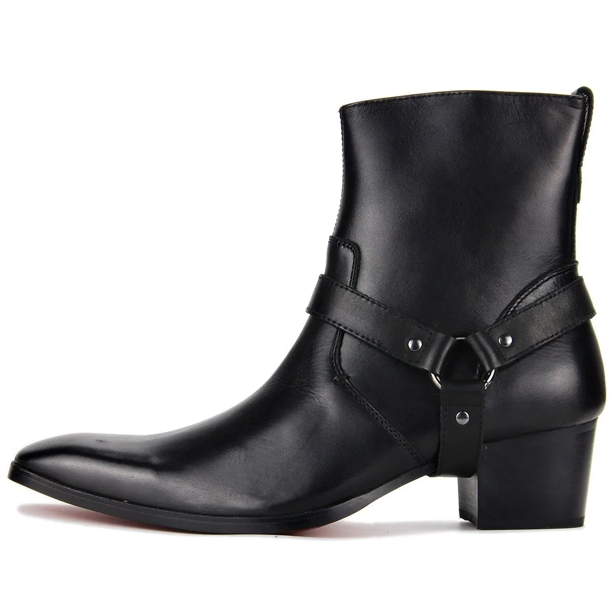 OSSTONE High Heel Pointed Chelsea  Leather Boots JY002-BLACK