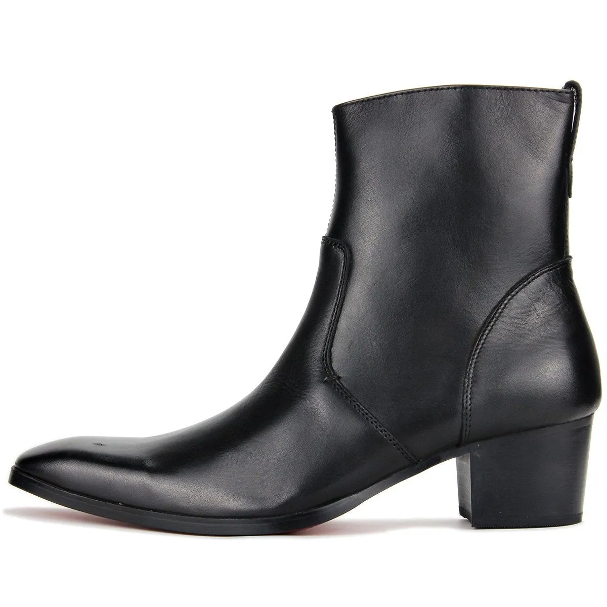 OSSTONE High Heel Pointed Chelsea  Leather Boots JY002-BLACK