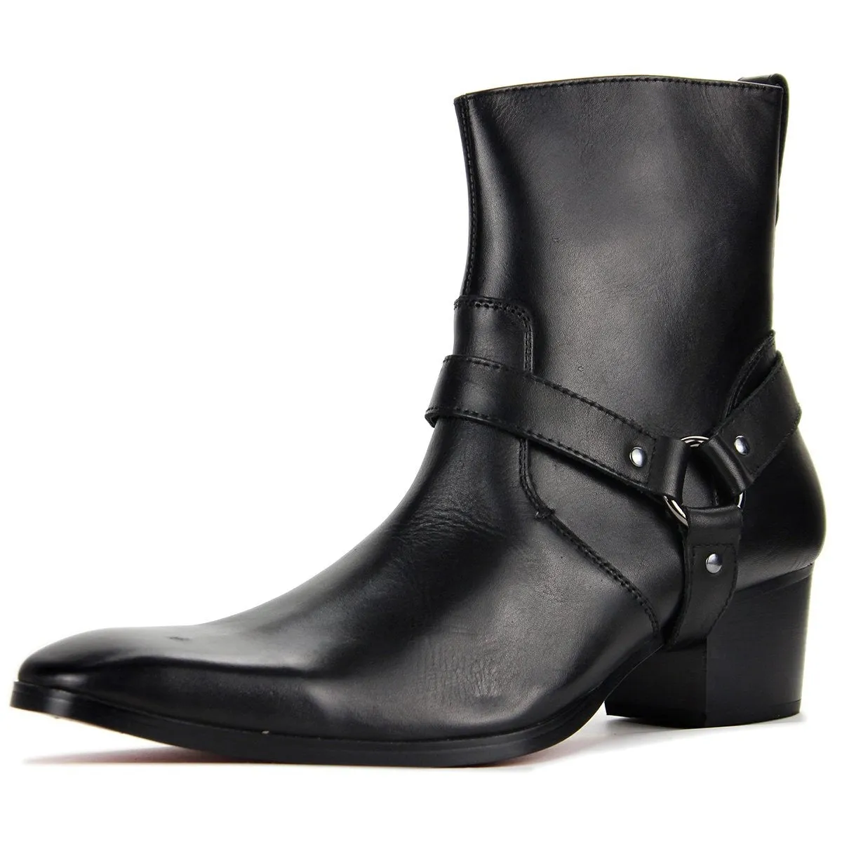 OSSTONE High Heel Pointed Chelsea  Leather Boots JY002-BLACK