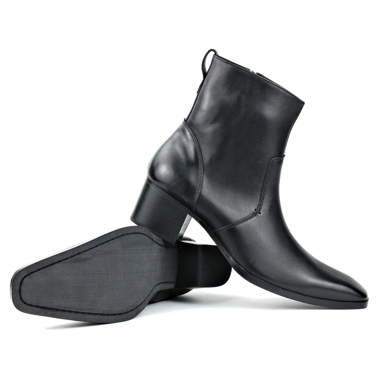 OSSTONE High Heel Pointed Chelsea  Leather Boots JY002-BLACK