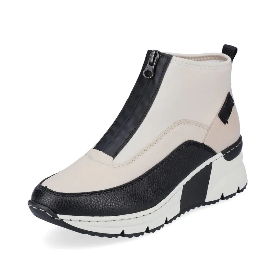 Rieker N6352-60 Korsika Cream and Black Wedge Zip Front Ankle Trainer Boots