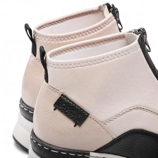 Rieker N6352-60 Korsika Cream and Black Wedge Zip Front Ankle Trainer Boots