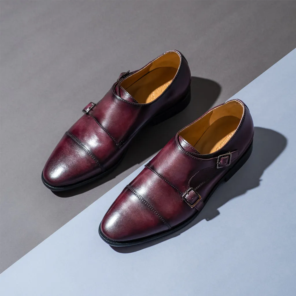 Saint Alboin Two Color Toned Red Leather Double Buckled Monk Strap Bespoke Set