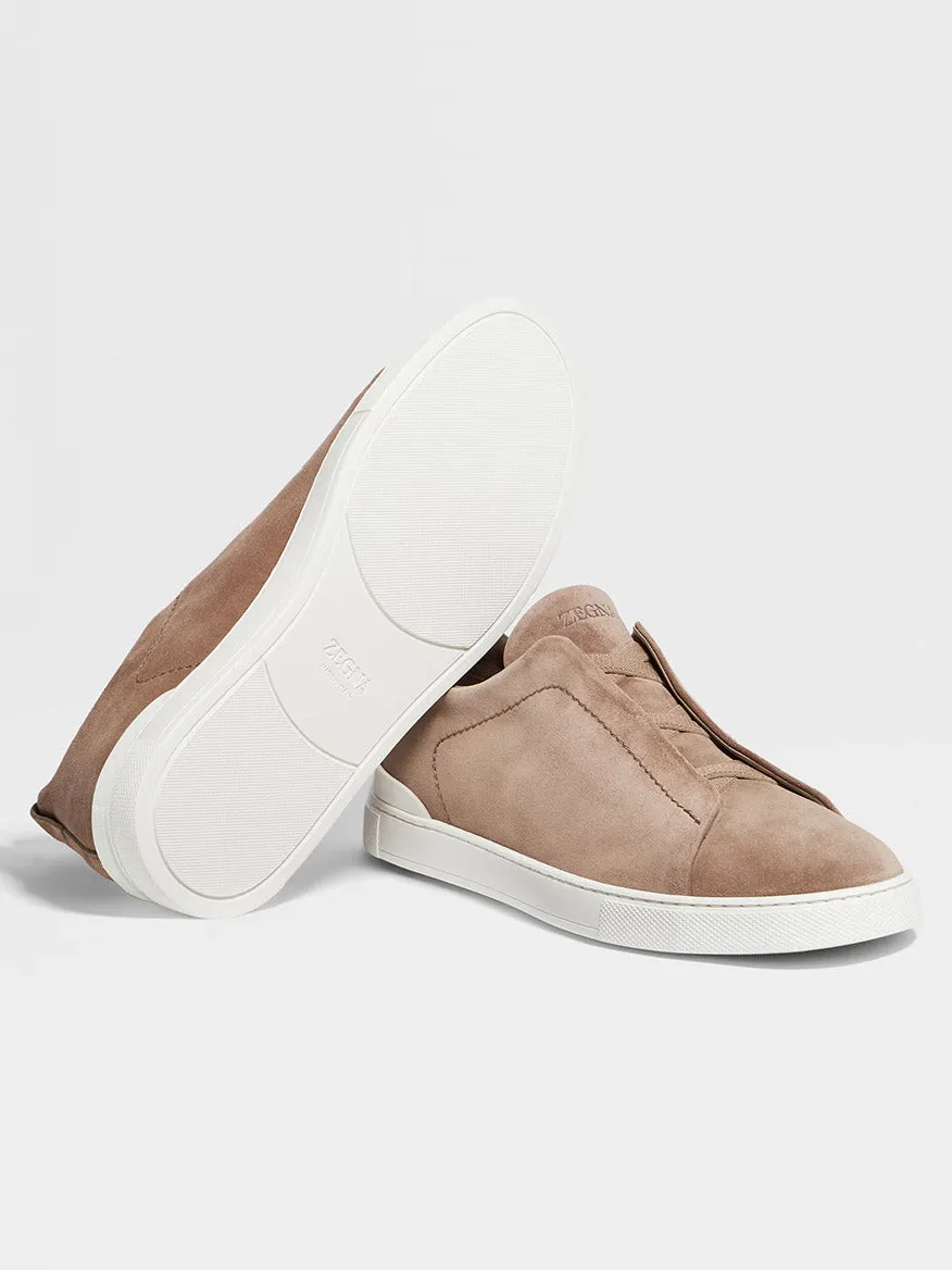 Zegna Beige Suede Triple Stitch Low Top Sneaker